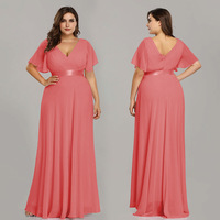 Robe longue en mousseline de soie à double col en V et manches papillon pour femmes, taille plus, robe de soirée élégante et sexy en couleur unie simple