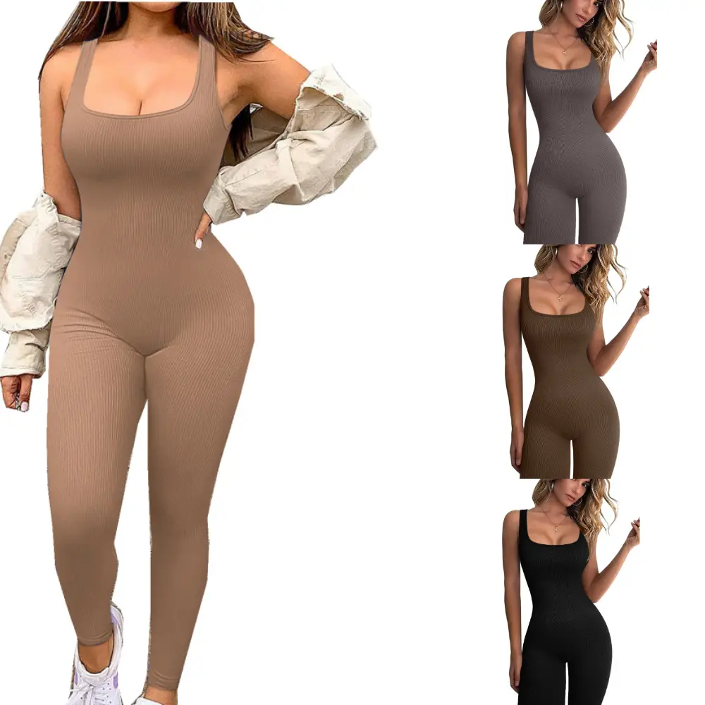 Jumpsuit yoga wanita, jumpsuit olahraga tanpa lengan, rompi satu potong bergaris