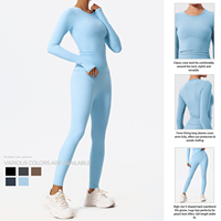 Set Pakaian Olahraga Wanita 2 Potong Anti Air, Atasan Lengan Panjang Kerah Bulat Klasik & Legging Pinggang Tinggi Elastis Pembentuk Tubuh