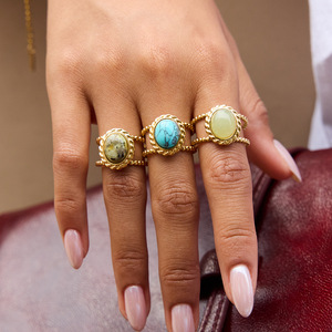 Fashion <b>Rings</b> 18K Gold Plated Adjustable With <b>Turquoise</b> Stone Bezel Setting Unisex Jewelry Gift - Product Image 3