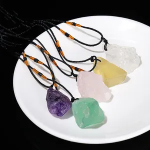 Natural Handcraft Raw Crystal Amethyst Pink Quartz Green Fluorite Rough Stone Pendant Adjustable Necklace collar de cristal