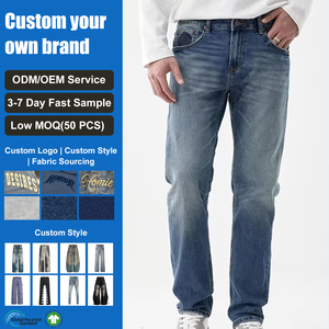<span class=keywords><strong>Jeans</strong></span> pour hommes en denim bleu foncé, style urbain décontracté, dégradé vintage, taille mi-haute, coupe droite ample, avec logo personnalisé - Product Image 1