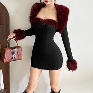 <span class=keywords><strong>Robe</strong></span> fourreau élégante style Old Money à col en fausse fourrure, haut bustier et manches longues, pour femme, été, fausse fourrure vintage naturelle - Product Image 5