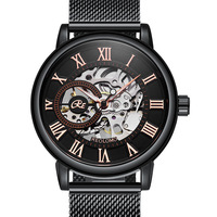 Montre mécanique squelette pour homme, chiffres romains, bracelet maille milanaise, cadran ajouré, aiguilles en forme de feuille, sous-cadran, montre-bracelet de luxe