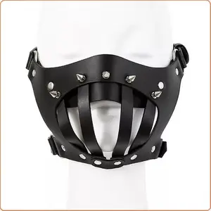 Mask Blindfold Mouth BDSM Bondage Punk rivet binding Head Harness Leather Fetish Restraint Buckled Lockable Hood