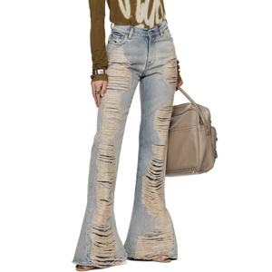 Custom Stylish <b>Flared</b> Denim <b>Jeans</b> Women High Waist Bell Bottom Blue Ripped Distressed <b>Jeans</b> Baggy Denim Bootcut <b>Jeans</b> - Product Image 4