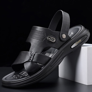 Sandales en cuir noires pour hommes, à porter de deux façons, avec boucle réglable, semelle épaisse, respirantes, chaussures décontractées pour l'été - Product Image 3