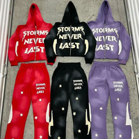 Ensemble de survêtement unisexe délavé à l'acide avec sweat à capuche zippé et pantalon évasé effet vieilli et patchs