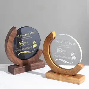 MH-NJ00684 Wholesale Factory Souvenur Gift Wooden Round Crystal Glass Trophy Sublimation Award Plaque