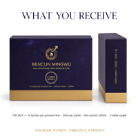 Boisson liquide multi-extrait en emballage personnalisé, mélange botanique et marin avec ginseng rouge, maca et huître