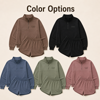 Ensemble 2 pièces personnalisé pour femme : Sweat-shirt à quart de zip avec empiècements et short ample en molleton bouclette élastique au-dessus du genou pour la détente à la maison
