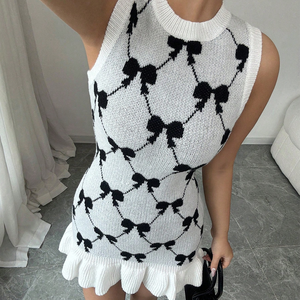 Đầm liền thân nữ mùa hè kiểu dáng xinh xắn, ôm dáng, họa tiết nơ, chất liệu dệt kim, ngắn, <span class=keywords><strong>mini</strong></span>, ren, ôm sát, không tay, dáng chữ A, chất liệu tự nhiên - Product Image 2