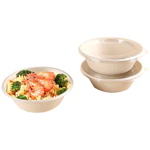 Take Away Eco Friendly Microwave Bagasse Compostable Sugarcane Disposable Paper Pulp Serving Salad Bowl with Lid Food Container
