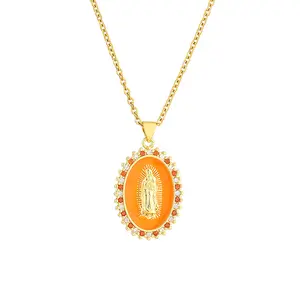 LC20240185 Wholesale latest brass oil painting virgin mary religious pendant necklace