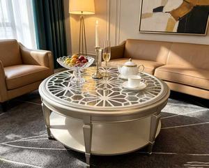 Champagne <b>Gold</b> <b>Round</b> Glass Coffee <b>Table</b> with Geometric Lattice Top & Lower Shelf - Product Image 5