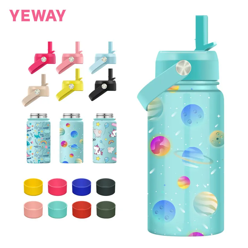 Botella Yeway sin BPA con pajita, termo de dibujos animados, botella de agua para niños, botellas de agua aisladas de acero inoxidable para la escuela para niños