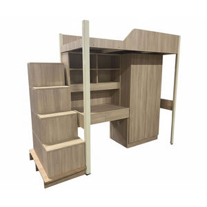 Lit mezzanine moderne pour enfants avec bureau en dessous, lit superposé en placage de bois avec armoire de rangement - Product Image 1