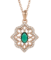 Collier Pendentif Vintage en Filigrane Plaqué Or avec Émeraude Ovale Verte et Diamant CZ, Collier Géométrique Creux pour Femme
