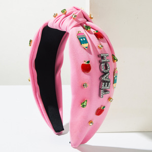 Diadema de moda para el regreso a clases con nudo de diamantes y dijes de manzana y lápiz para adolescentes - Product Image 4
