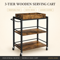 Carrito de Cocina Industrial Rústico de Madera con 3 Niveles, Carro de Servicio Rodante con Bandeja Superior Extraíble, Estación de Café y Almacenamiento