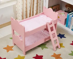 गुलाबी गुड़िया बिस्तर लकड़ी बच्ची गुड़िया चारपाई बिस्तर गुड़िया सामान