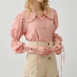 定制粉色彼得潘领复古蕾丝100% 棉天然有机女式衬衫加大码女装
