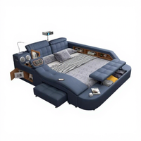 Modernes, intelligentes, multifunktionales, verstellbares, weiches Holzbett mit integriertem Projektor, Bluetooth-Lautsprecher, Kingsize-Plattformbett mit Stauraum