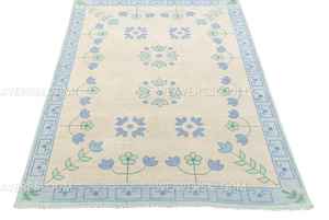 พรมทอมือสีน้ำเงิน ขนาด 9x12 ฟุต พรมอูชาคสมัยใหม่ พรมขนสัตว์สำหรับห้องนั่งเล่น ห้องนอน ห้องรับประทานอาหาร พรมอูชาคสีพาสเทล พรมตุรกีทำมือ - Product Image 4