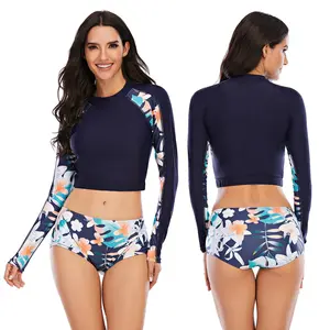 UPF50 + Design Personalizado 2pcs Tankini Mulheres Mangas Compridas Sexy Swimwear Maiô Beachwear Maiô de Surf Lycra Rash Guard