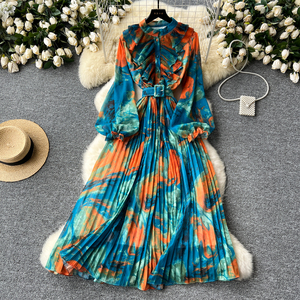 LE2639 Vestido MIDI con estampado de aceite Vestido elegante vintage francés para mujer Vestidos de gasa con estampado de cintura de manga larga empalmados para mujer - Product Image 1