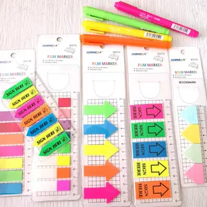 Hot selling custom neon color reusable 5 strips pet transparent film index plastic office sticky notes logo set with sign here