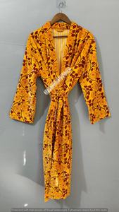 Floral Printed Long Kimono Robe With Collar Three Quarter Sleeve Yellow Polyester Wrap Style Spring Wear - Product Image 2