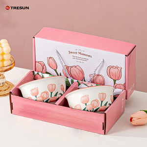 House Warming Gifts Ceramic Porcelain Decal Dinnerware <b>Sets</b> Tulip Design Plate and Bowl <b>Set</b> with Gift Box - Product Image 2