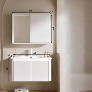 Meuble de salle de bain en bois massif avec lavabo intégré en céramique à arc circulaire, miroir intelligent et finition peinture laquée - Product Image 4
