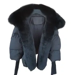 Wholesale Winter Cropped Puffer Jacket Goose Down Coat Women with Fox Fur Raccoon Fur Collar