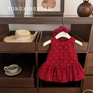 Child Star Circle Baby Girls Red Polka Dot Sleeveless Dress With Hair Tie Breathable Skirt Summer Outfit - Product Image 1