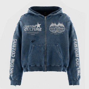 Sudadera con capucha y cremallera estilo boxy para hombre, diseño streetwear, lavado vintage, algodón de alto gramaje, gráfico desgastado, logotipo personalizado, venta al por mayor - Product Image 2