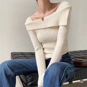 Rétro une ligne cou tricoté chemise pour les femmes ample mince étincelle doré fil de soie <span class=keywords><strong>pull</strong></span> à manches longues <span class=keywords><strong>pull</strong></span> pour les dames - Product Image 1
