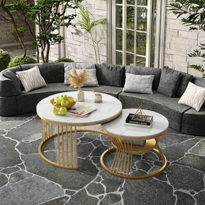 Bàn trà hiện đại phong cách Bắc Âu sang trọng mặt đá cẩm thạch, khung kim loại trắng, đá vàng, kiểu xếp chồng, dùng cho phòng khách, nội thất gia đình - Product Image 4