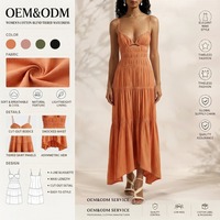 Robe longue maxi bohème orange à col en V avec broderies superposées pour femme, sexy, été, avec ceinture, pour vacances à la plage, fabrication OEM personnalisée