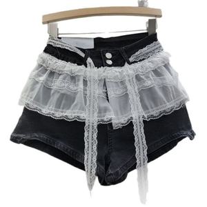 Viviblook Z613PT01 femmes rue Vintage taille haute Patchwork dentelle Denim Shorts pour femmes été a-ligne large jambe Shorts - Product Image 5