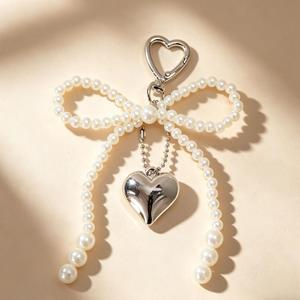 Pearl Beaded Bow Keychain Heart Metal Pendant Silver Gold Fashion <b>Sweet</b> <b>Bag</b> Charm Phone Strap Gift <b>Party</b> Favor Souvenir - Product Image 4