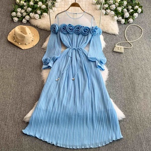 <span class=keywords><strong>Robe</strong></span> à manches longues pour femme, élégance printanière, fleurs en relief, ceintures à nouer, coupe trapèze plissée - Product Image 3