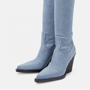 Large Size 46 Women Solid Denim Custom Styles Over Knee High <b>Boots</b> Ladies High Wedge Heels Shoes Pointed Toe Jeans Long Booties - Product Image 2