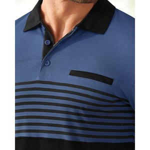 Men's Long Sleeve Color Blocked <b>Polo</b> <b>Shirt</b> Striped Design Casual Knitted Style with Pocket <b>Blue</b> and Black - Product Image 5