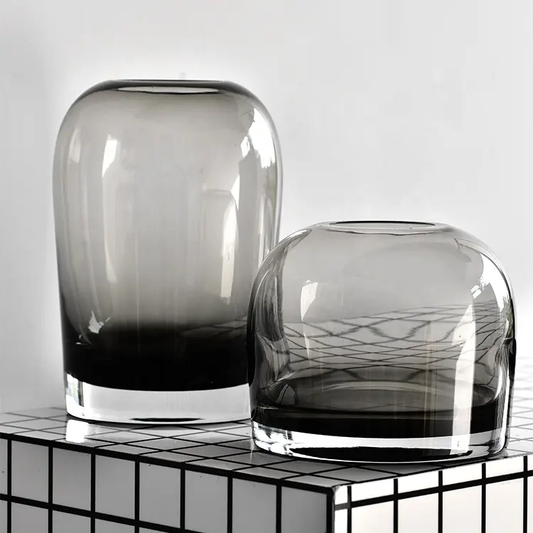 Bixuan Vases Grey Handblown Glass Flower Arrangement Modern Optic Pot Shape Vase Table Decoration Centerpieces Accent 14x12cm