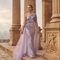 Lsz537 Superbe Robe de Soirée Sirène Lilas à Épaule Unique avec Paillettes Florales 3D et Traîne en Chiffon Jancember