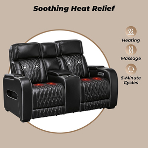 Canapé-lit moderne en cuir avec console, inclinable électriquement, appui-tête réglable, massage, siège chauffant, lumières LED, noir, home cinéma, bois - Product Image 6
