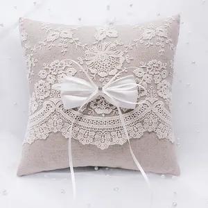 R0538 Ring Pillow Burlap Hessian Set With Lace Petals Ribbon Bow Decoration wedding lace ring pillow