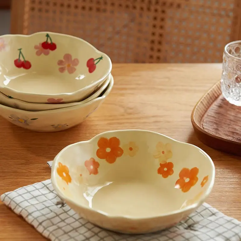 Ins korea hand pinched irregular ceramic salad yogurt bowl cream yellow hand painted flower ceramic bowl